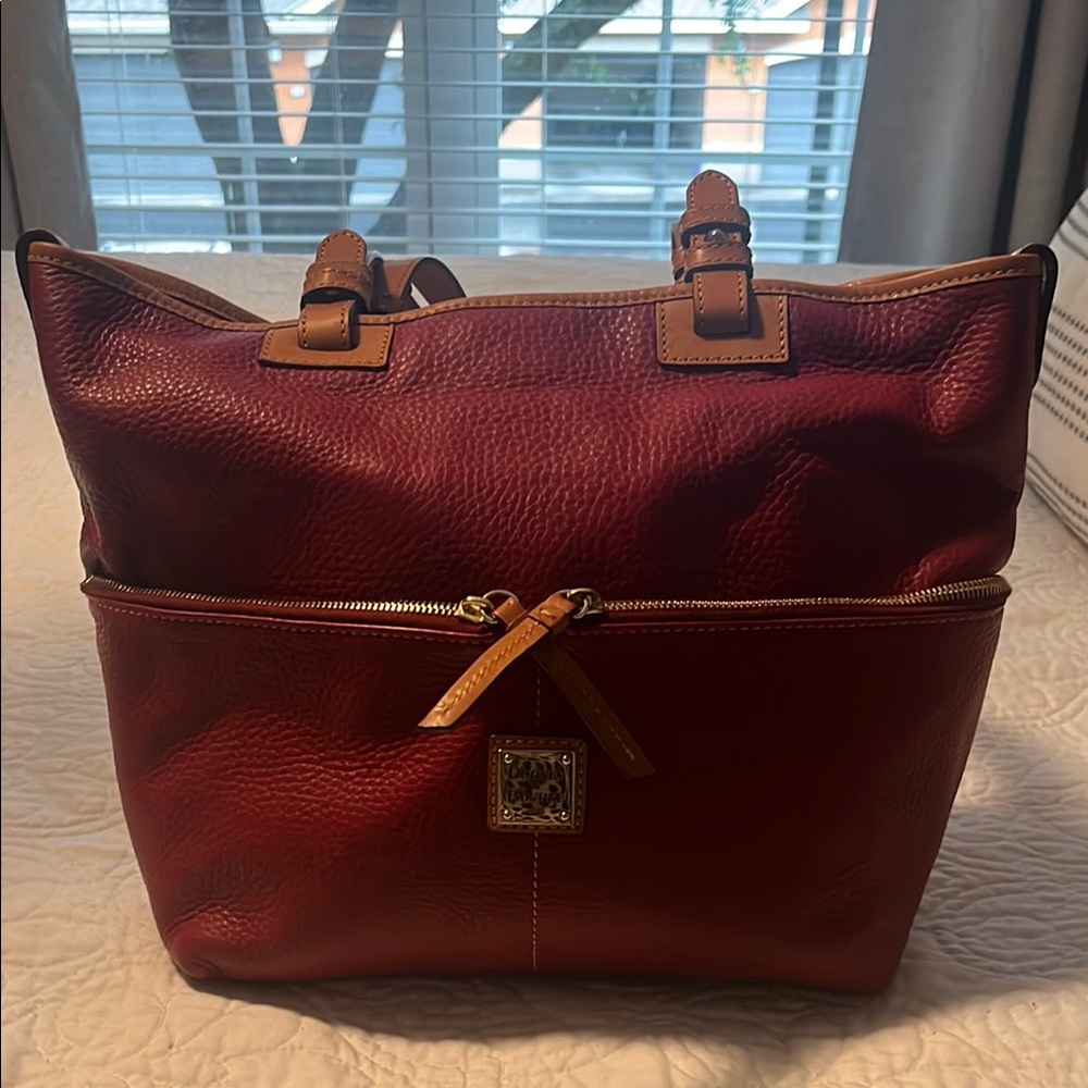 Dooney & Bourke Red and Tan Tote Bag with Expandable Bottom